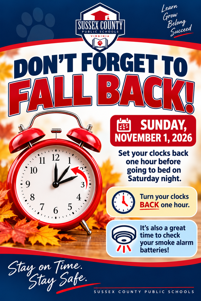 Don't forget to turn your clocks back one hour this weekend.......