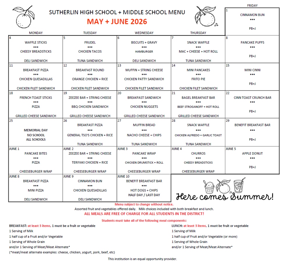 HS MS MENU MAY JUNE 2026