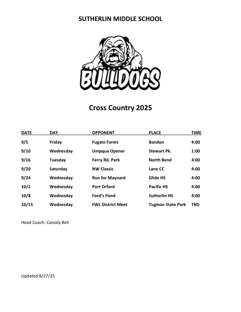 2025 Cross Country Schedule