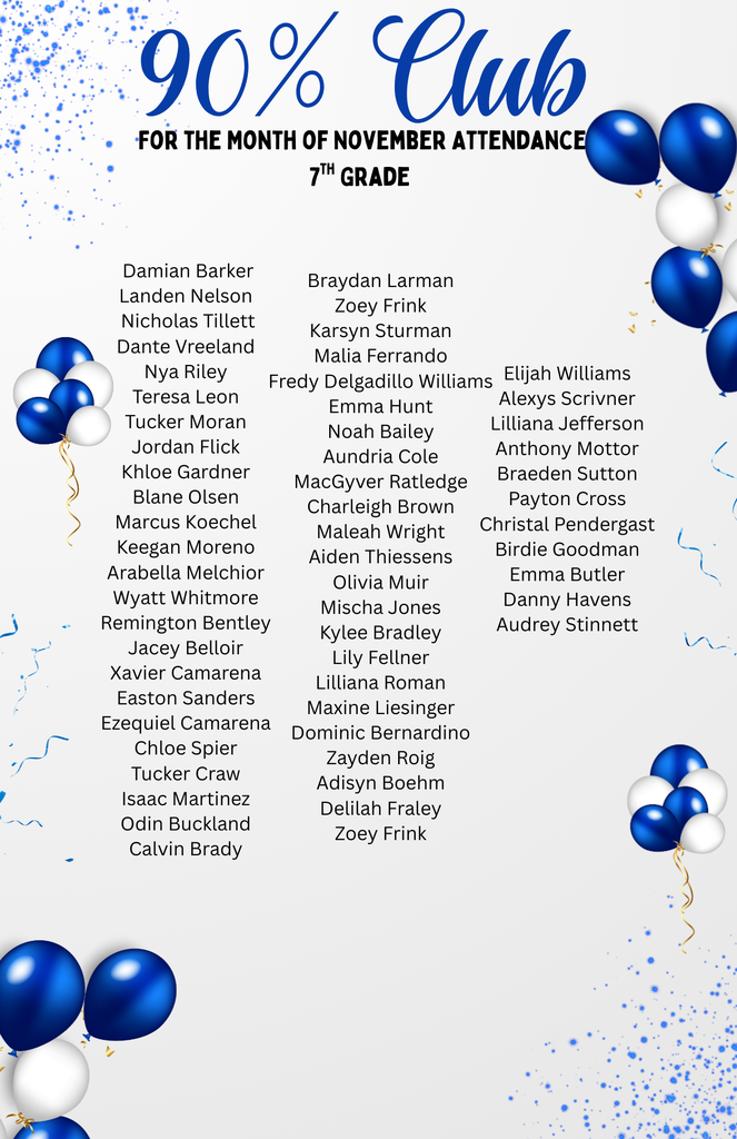 Congratulations to the 7th grade November 90% Club!
