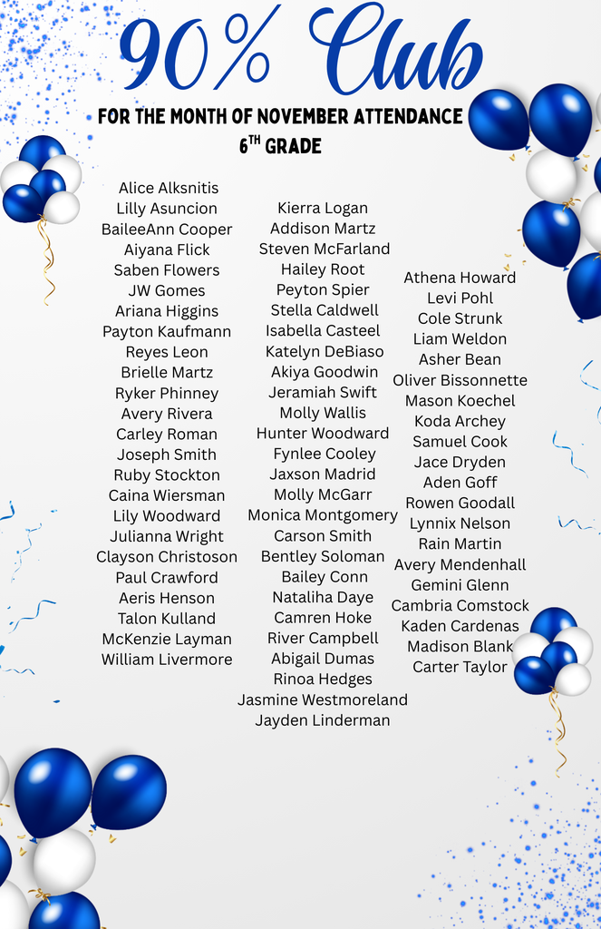 Congratulations to the 6th grade November 90% Club!
