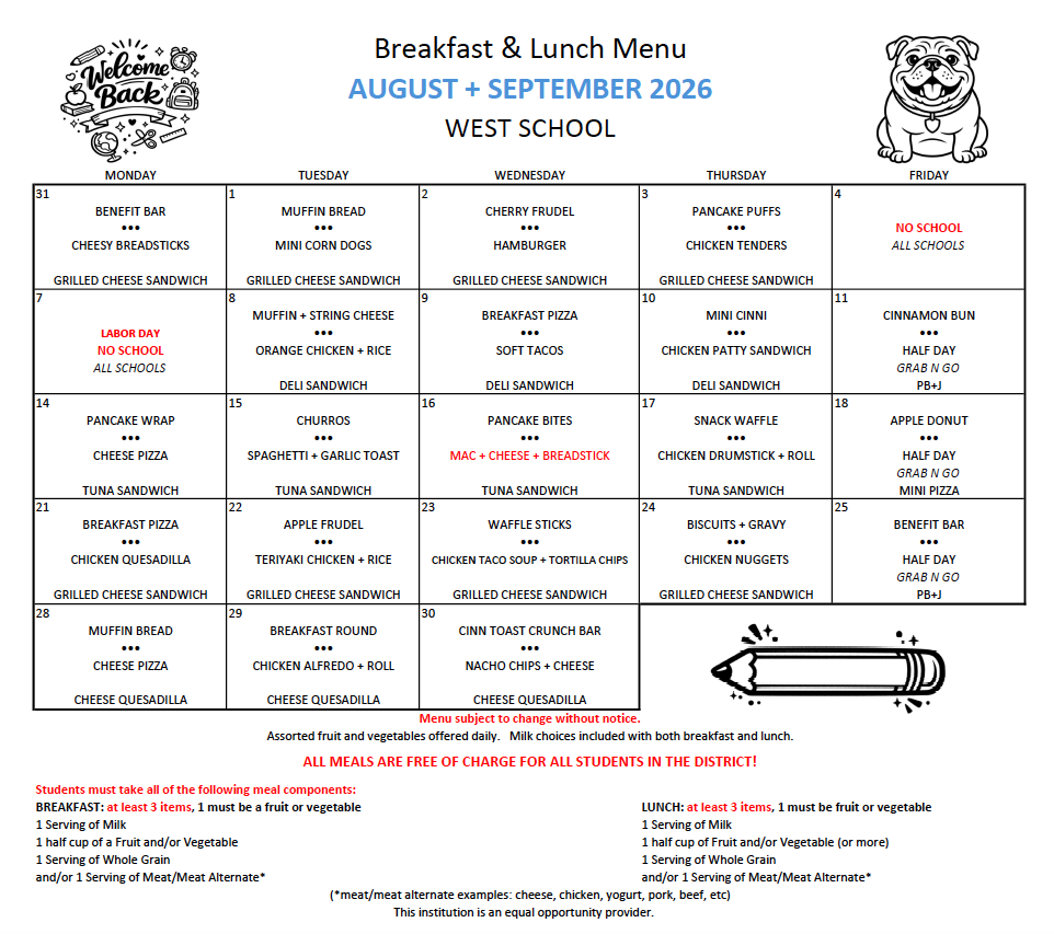 West School Breakfast and Lunch Menu