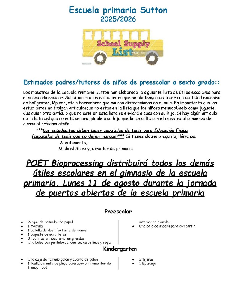 Consulte la lista de útiles escolares para el regreso a clases. POET Bioprocessing distribuirá todos los demás útiles escolares en el gimnasio de primaria el lunes 11 de agosto durante la jornada de puertas abiertas.