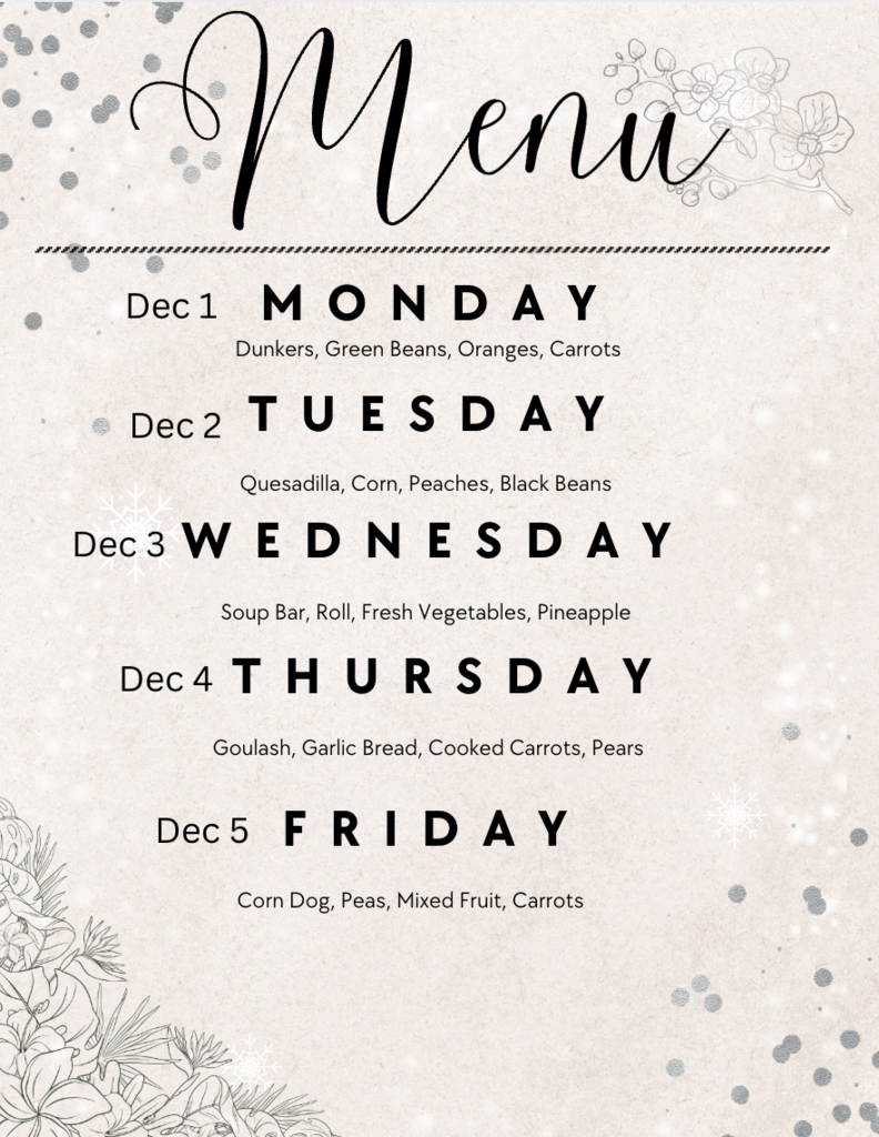Lunch Menu for The first week of December