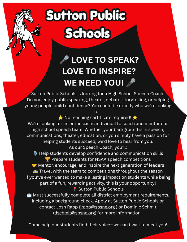 Sutton Public Schools is seeking a Speech Coach for the 2026-2027 School Year.