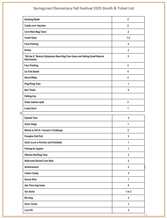 Fall Festival Booth and Ticket Info