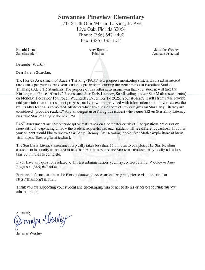 FAST PM2 Assessment Parent Letters for Kindergarten-Second Grade