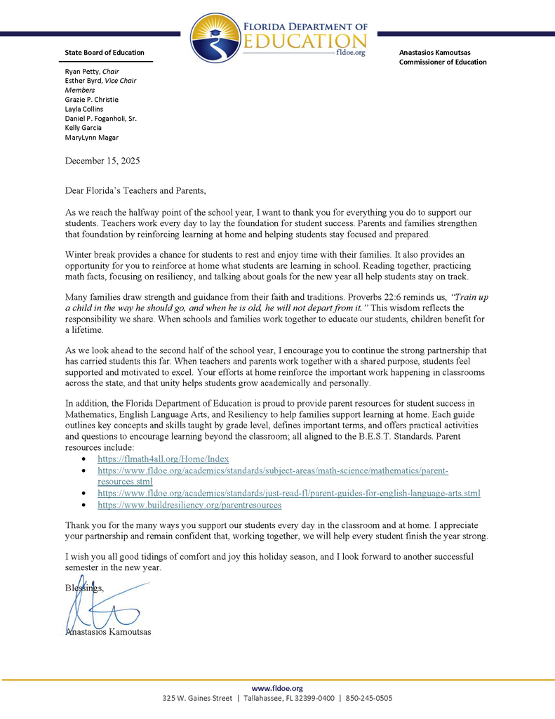 Midyear Letter from Florida Department of Education