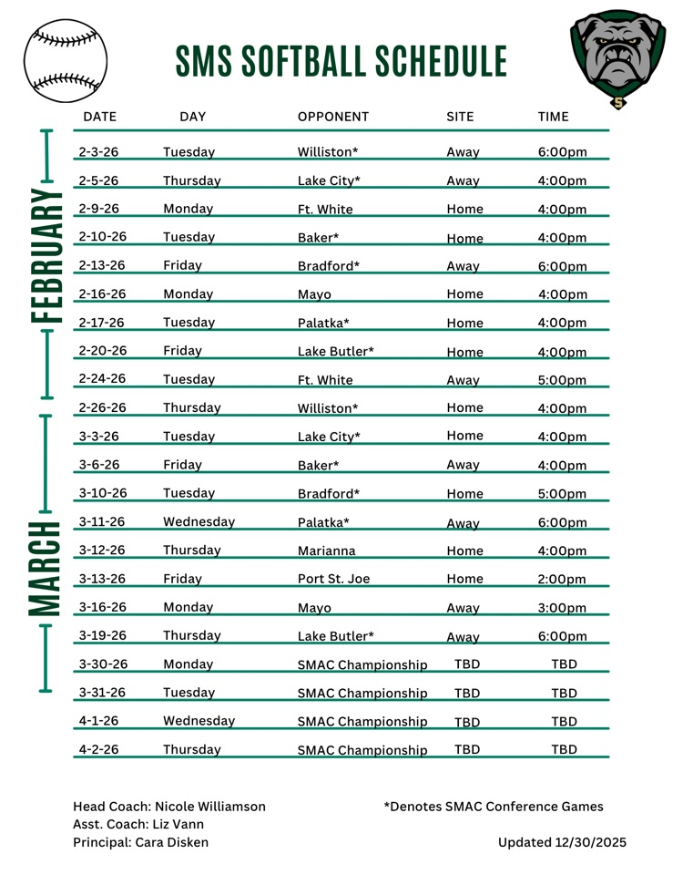 sms softball schedule