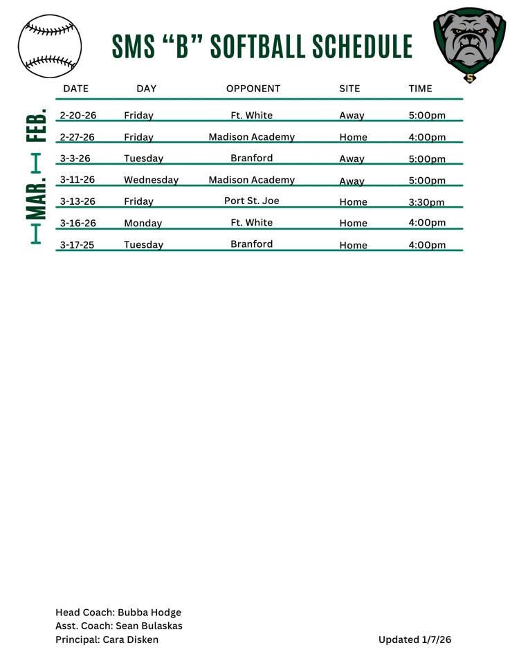 sms softball b schedule
