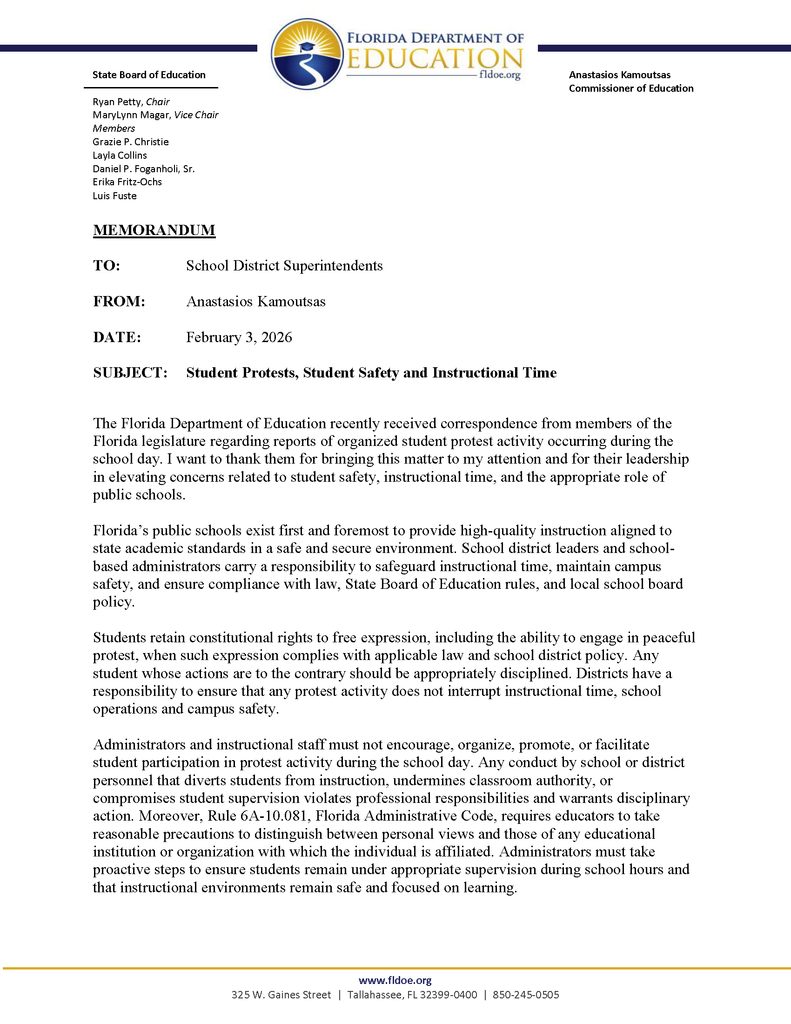 Student Protests Instructional Time and Safety - page 1