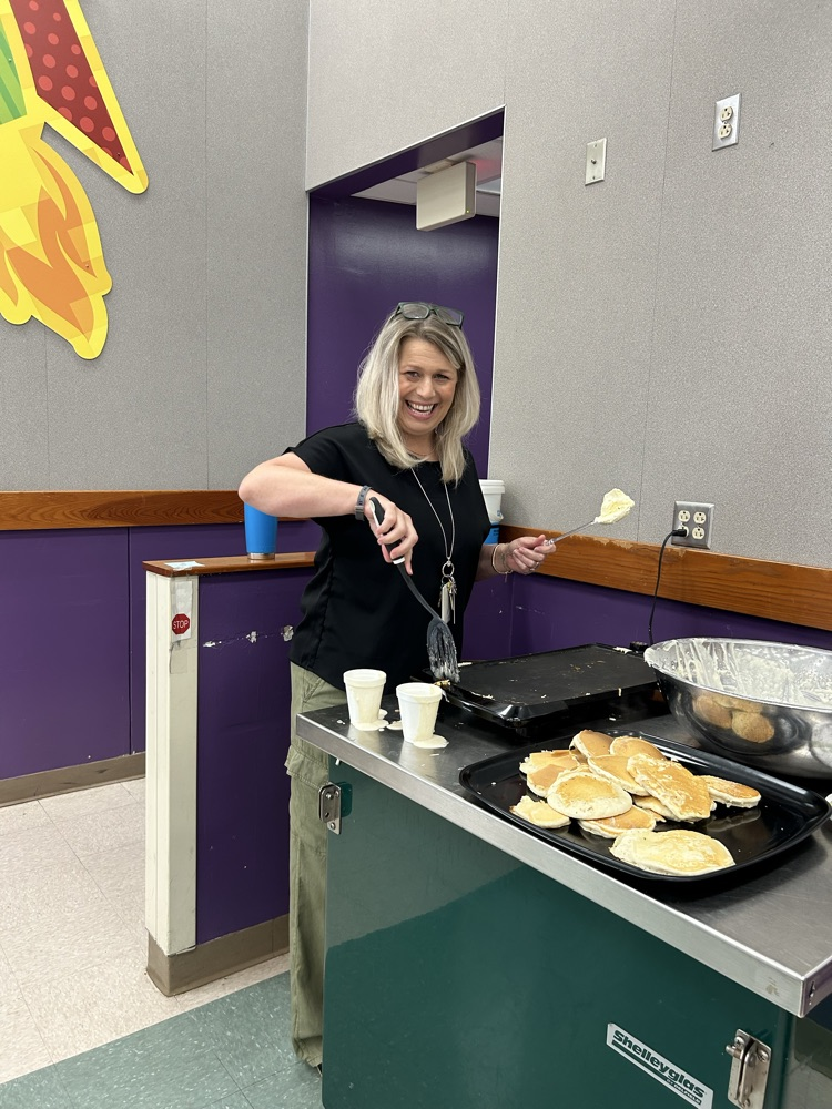 Mrs. Beach is cooking pancakes for our Leadership Breakfast. 