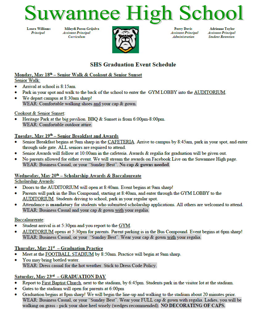 SHS Graduation Event Schedule - 2026