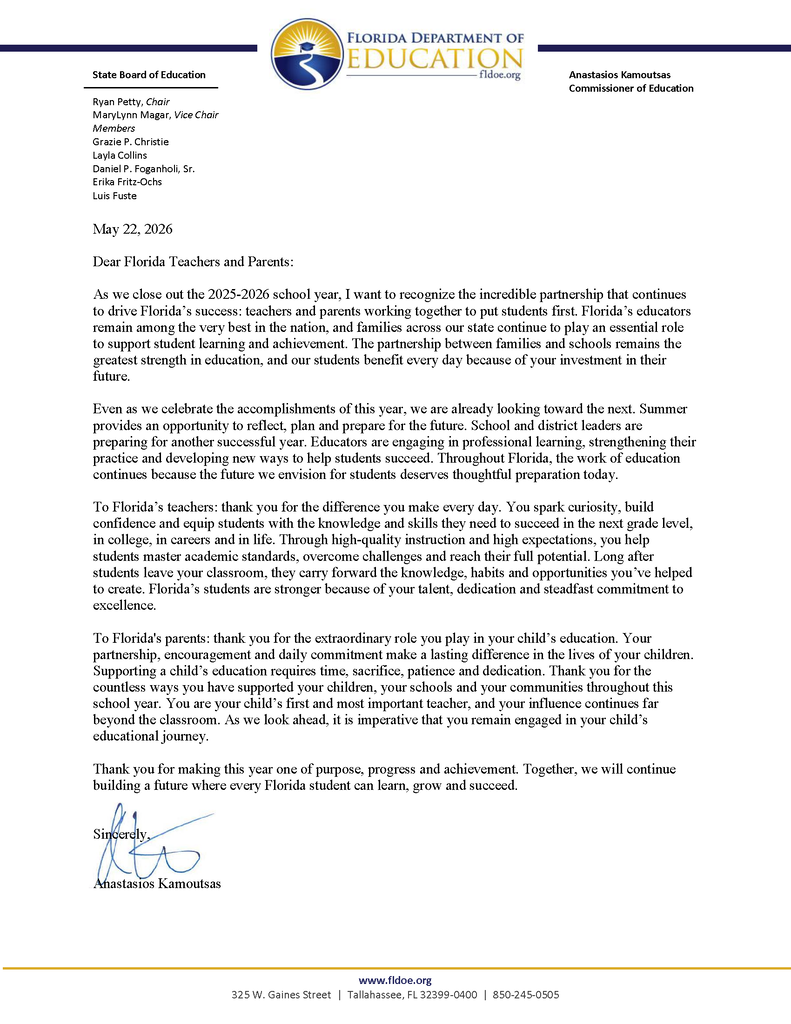 FDOE End of Year Letter
