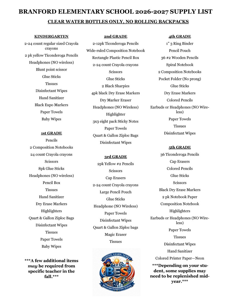 2026-2027 School Supply List page 1