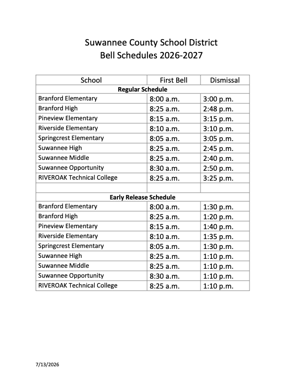 SCSD Bell Schedule for the 2026-2027 School Year