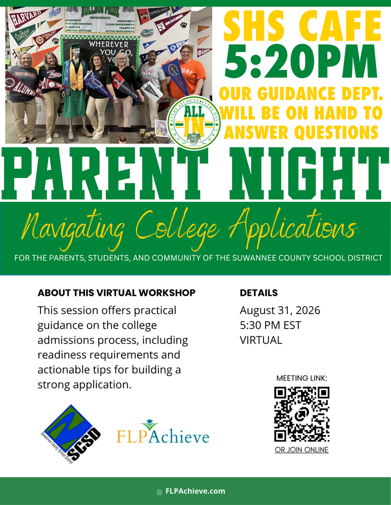 Flyer describing a college application assistance workshop. Picture includes SHS Guidance staff holding college pennants. The event is being held at SHS Cafe on August 31st at 5:20pm.