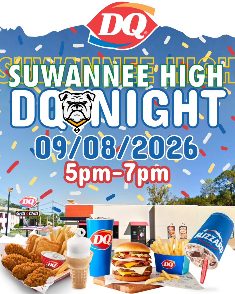Flyer for SHS Dairy Queen Night held on September 8th from 5-7PM. Photo displays DQ of Live Oak, with a confetti background. The bottom of the photo displays miscellaneous Dairy Queen Food Items.