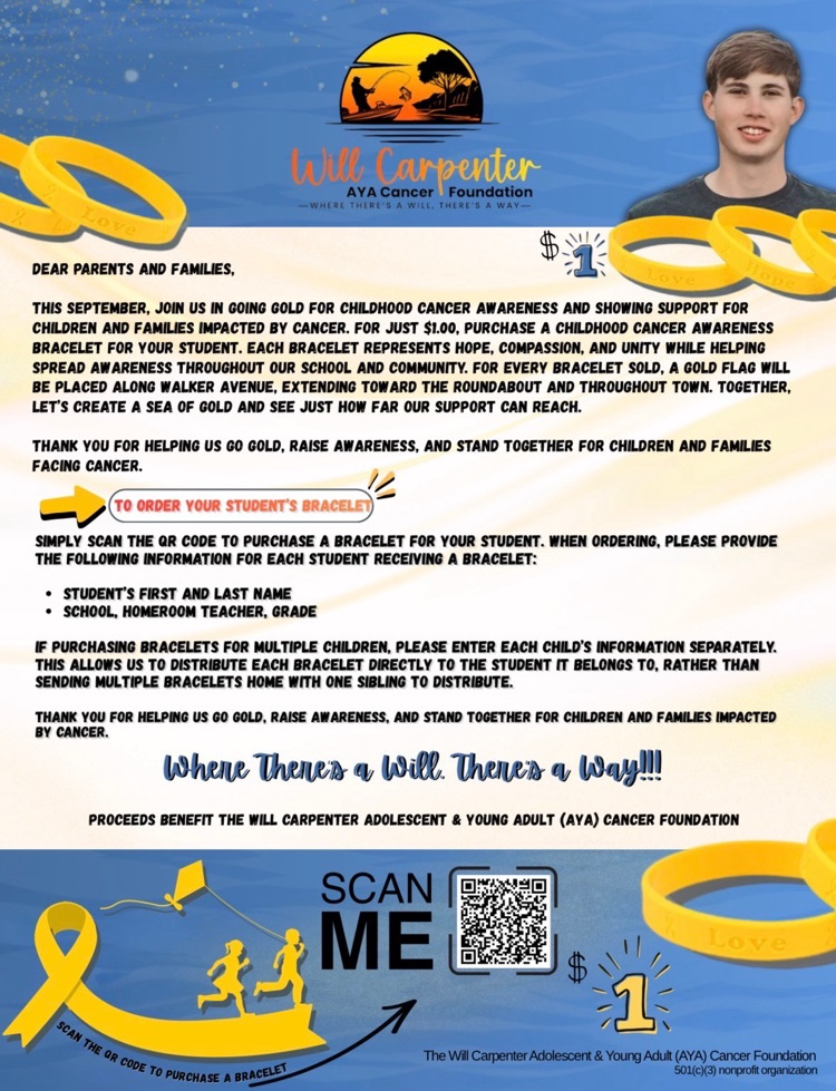 Will carpenter gold bracelet for childhood cancer informational flyer. Image includes gold bracelets and a photo of Will Carpenter, former SHS student.