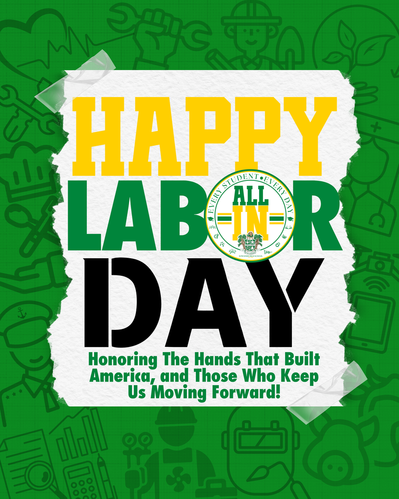 Labor Day Celebration post. Green Background with various symbols representing the American Workforce, with a taped piece of paper displaying Words.