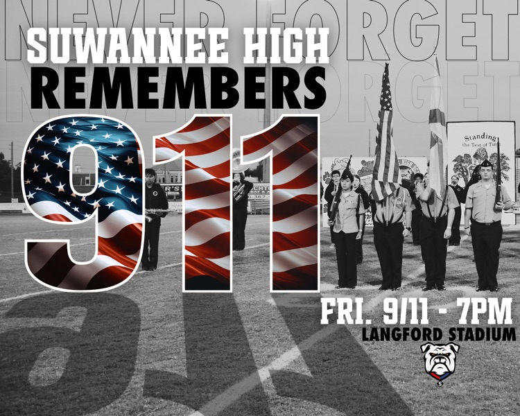 Graphic displaying ROTC Color Guard presenting flags on field in black and white with members of the band. Text displaying 9 11 with an American flag theme