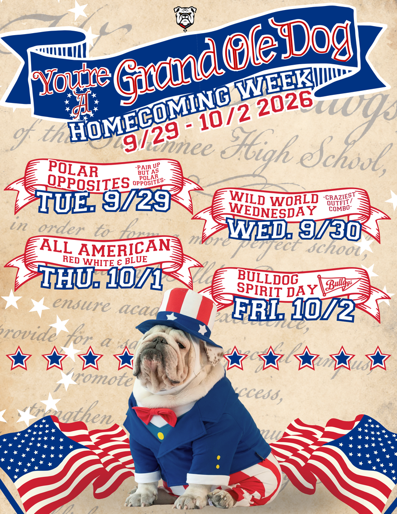 “Homecoming Week 2026 graphic for Suwannee High School featuring a patriotic Bulldog mascot wearing a red, white, and blue Uncle Sam-style outfit. The graphic announces the theme and daily dress-up days: Tuesday, September 29, ‘Polar Opposites’; Wednesday, September 30, ‘Wild World’; Thursday, October 1, ‘All American’; and Friday, October 2, ‘Bulldog Spirit Day.’ The design uses red, white, and blue banners, stars, American flags, and a parchment-style background with faint script.”