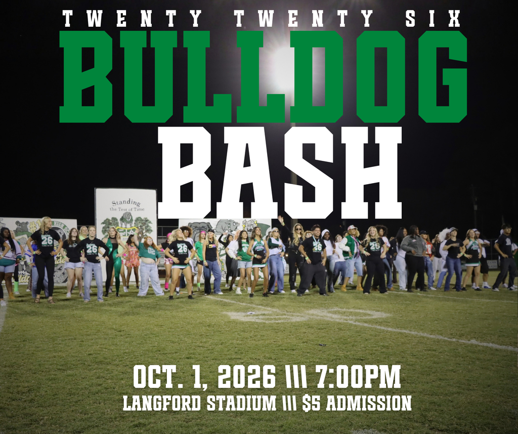 Graphic advertising Bulldog Bash, Picture of students dancing at a previous event at Stadium.