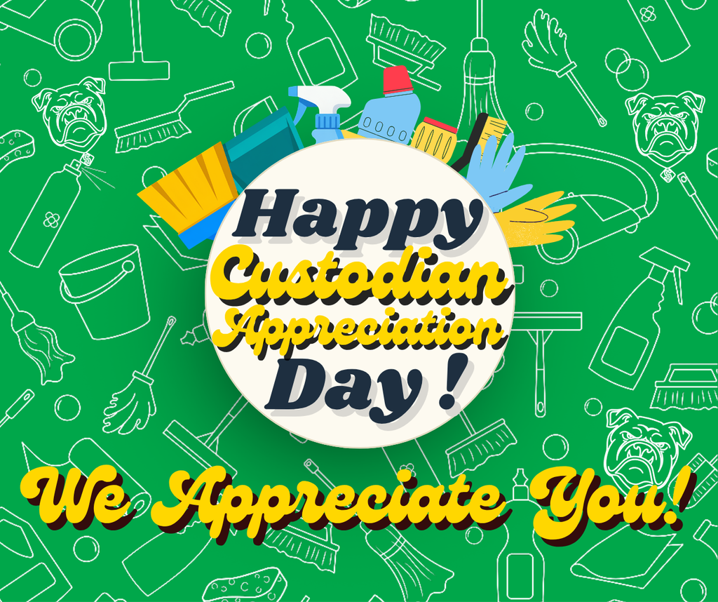 Custodian Appreciation Day Post - Featuring Green background with various custodial supplies with a Happy Custodian Appreciation Day Post.