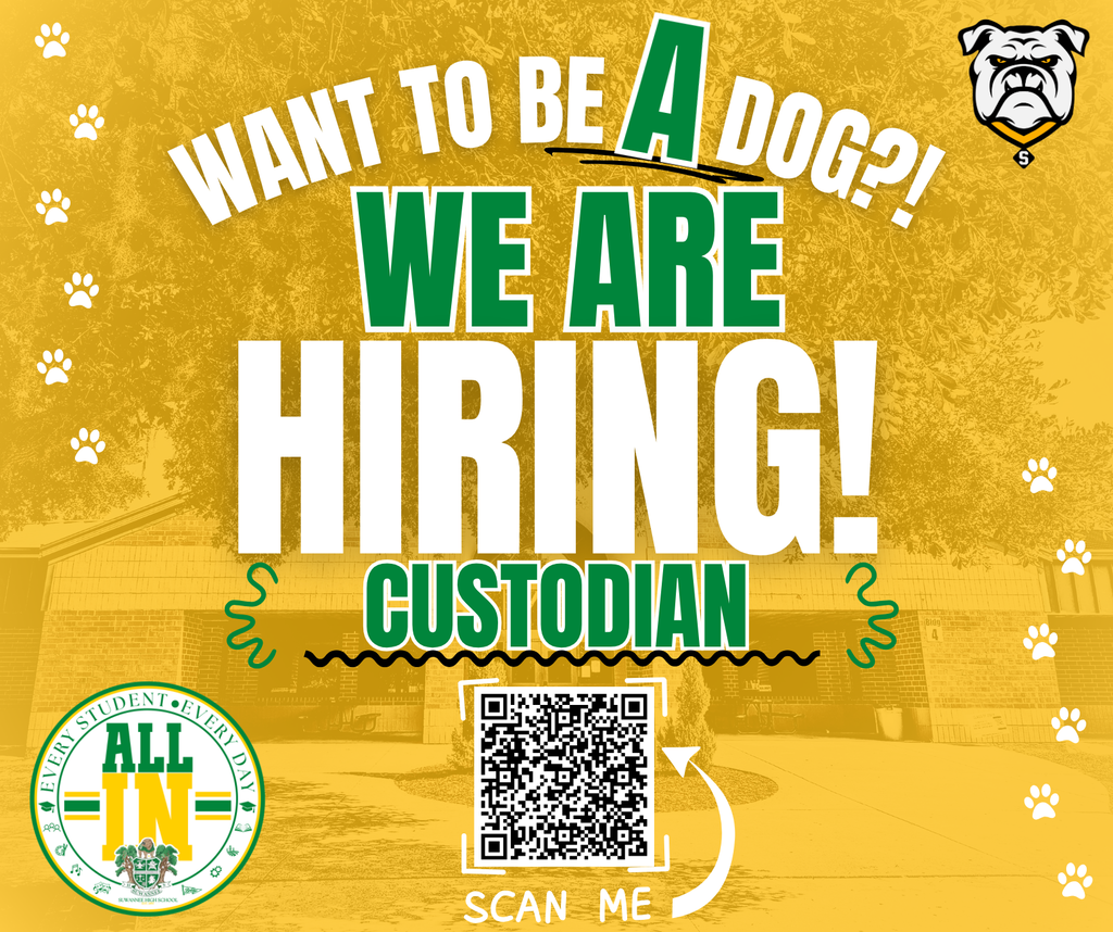 Graphic posting a hiring advertisement for Custodian. Gold background with an image overlay of the SHS Library, with the words We ARE Hiring with a QR Code and Logos of Suwannee High.
