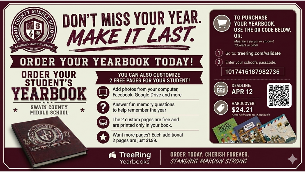 Yearbook sale flyer for Swain Middle School