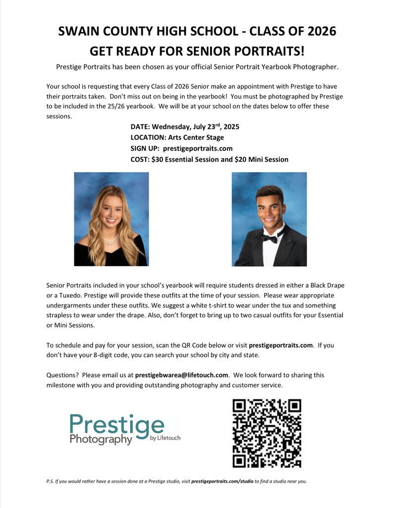 Flyer for 202 Prestige senior portraits, on July 23rd in the Swain FAC. $30 essential session $20 mini