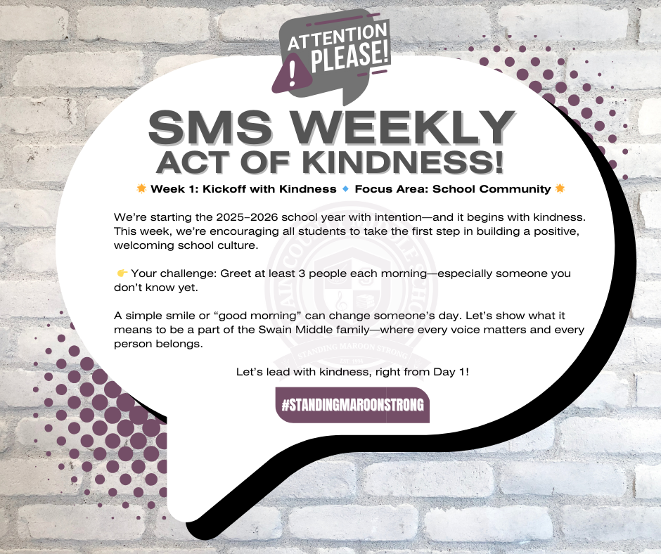 Speech bubble on brick wall with "SMS WEEKLY ACT OF KINDNESS!" and a kindness challenge.