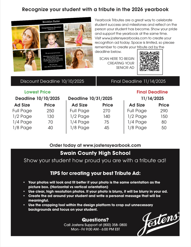 Flyer for class of 2026 yearbook tribute ads