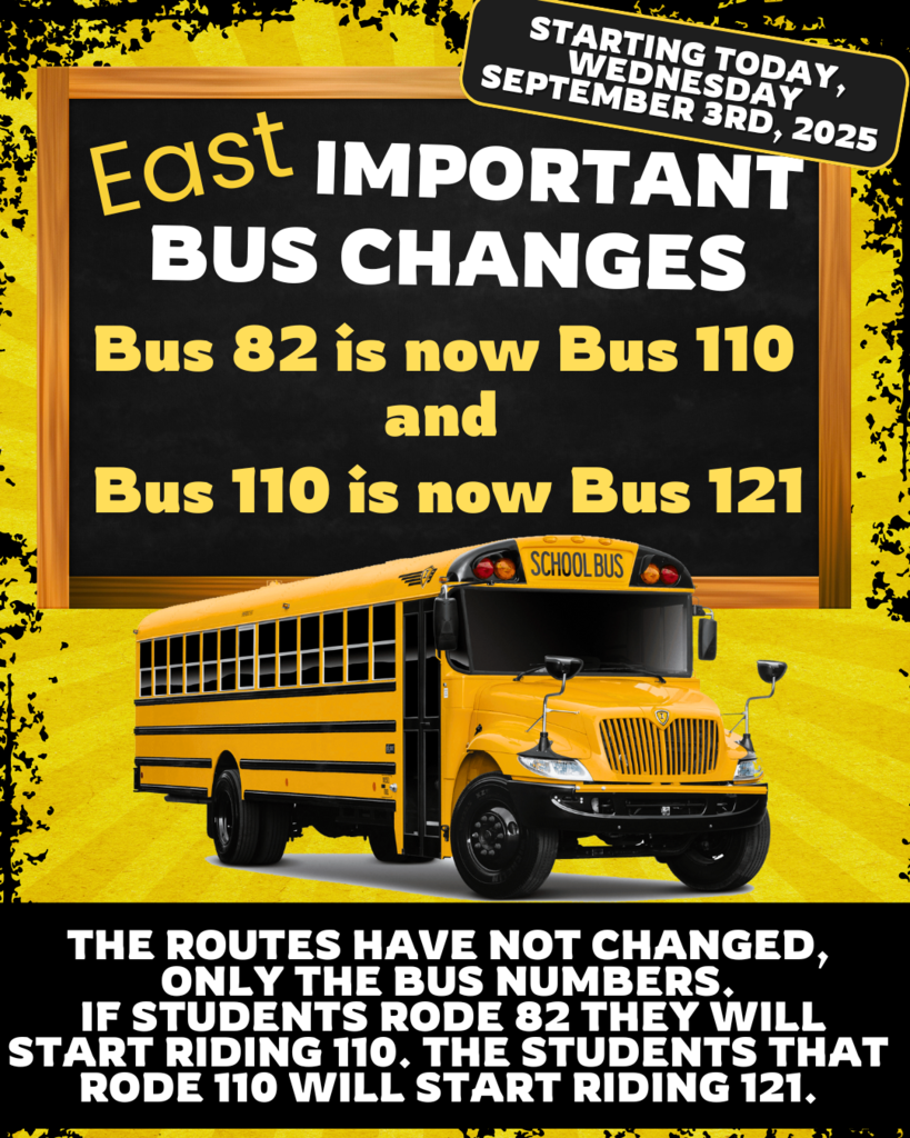 Bus Changes: Starting today, Wednesday 9/3/25, Bus 82 is now Bus 110 and Bus 110 is now Bus 121. The routes for these busses have not changed, only the bus numbers.