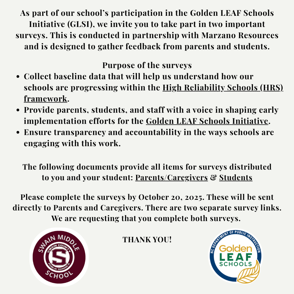 Social media graphic with a dark red background. Text reads: Parents & caregivers—we want to hear from you! As part of the Golden LEAF Schools Initiative, our school is collecting feedback through a short, anonymous survey. Your voice matters in shaping the future of our school. Look for the survey in your email or texts! Please complete by 10/20/2025. Includes the Swain Middle School logo, the Golden LEAF Schools logo, and speech bubbles that say 'WE WANT YOUR FEEDBACK'.