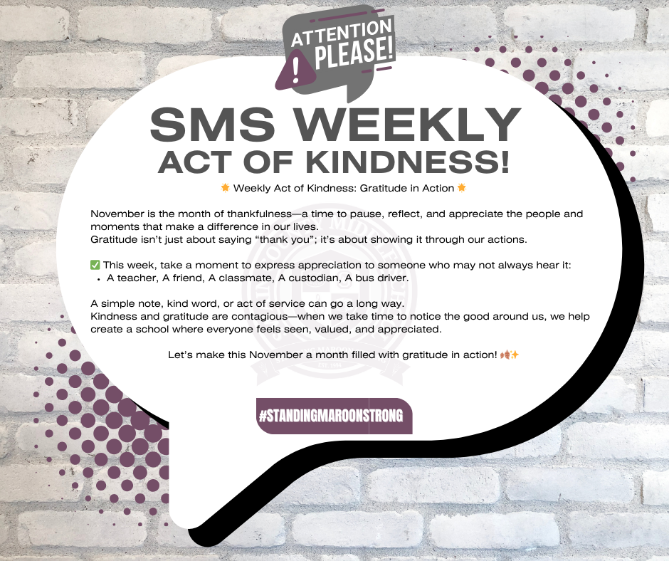 Speech bubble on a brick wall with text about a weekly act of kindness.