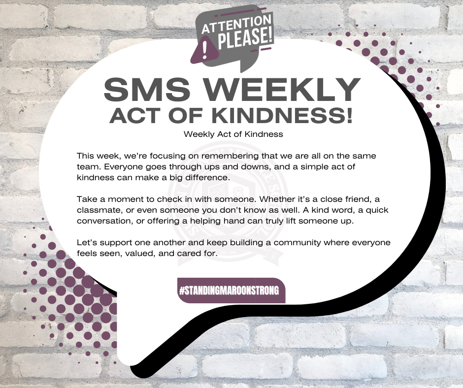 "Speech bubble on a brick wall promoting SMS Weekly Act of Kindness message."