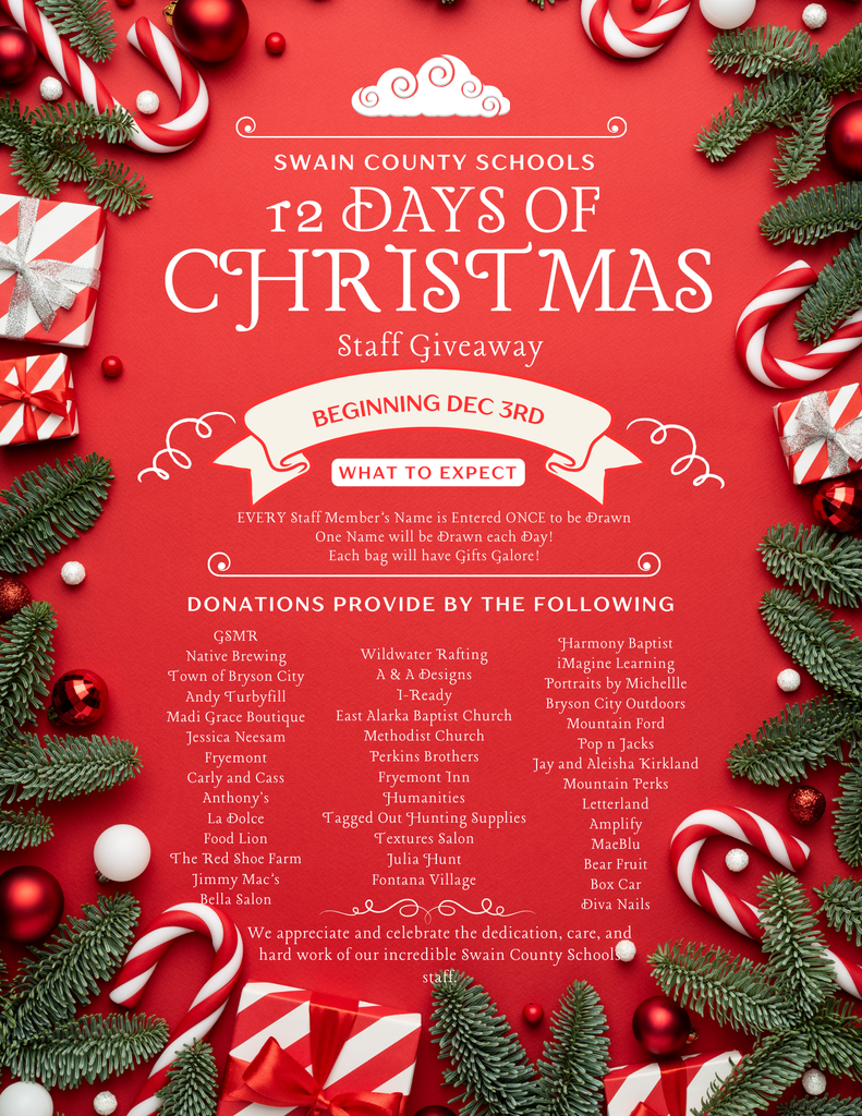 Christmas flier with details of a 12 Days of CHristmas daily staff giveaway beginning Dec 3rd. One staff name will be drawn as a winner each day. There is a list of local businesses who donated items.
