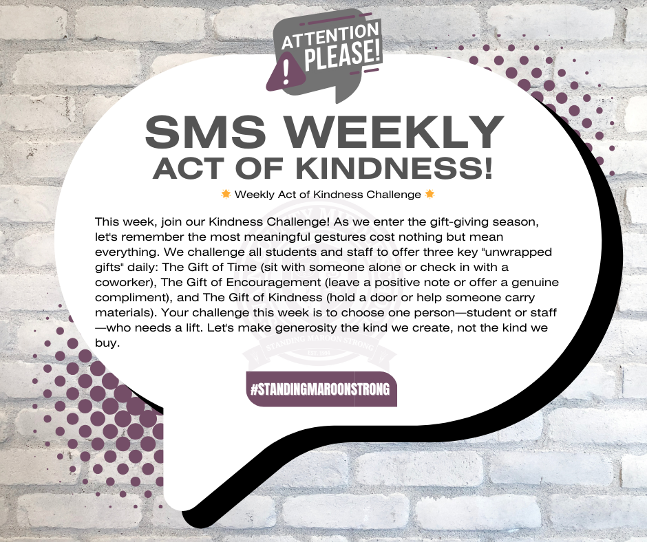 Speech bubble on brick wall with "SMS WEEKLY ACT OF KINDNESS!" and a kindness challenge.