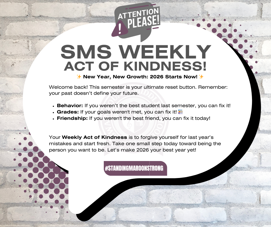 Speech bubble on brick wall with "SMS WEEKLY ACT OF KINDNESS!" and a kindness challenge.