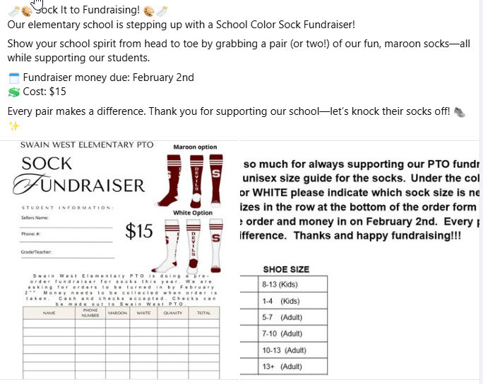 Picture of Swain West Fundraising form with picture of different styles of socks.