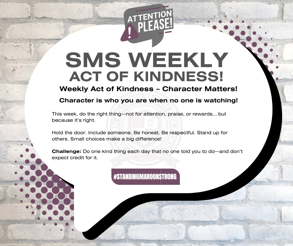 Speech bubble on brick wall with "SMS WEEKLY ACT OF KINDNESS!" and a kindness challenge.