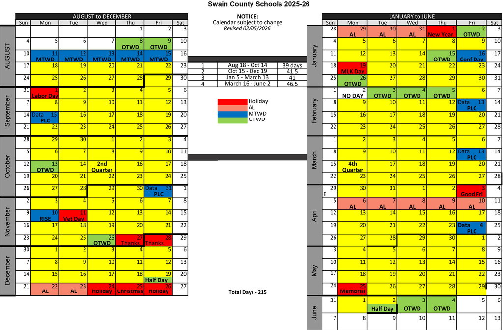 Image of the Swain County Schools calendar