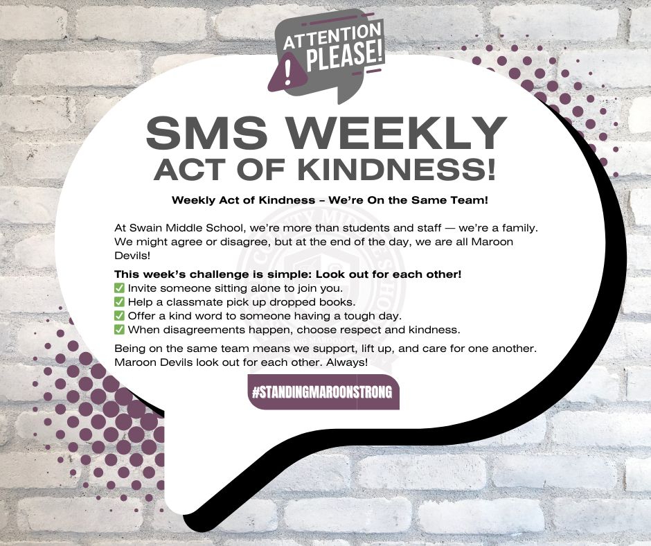 Speech bubble on brick wall with "SMS WEEKLY ACT OF KINDNESS!" and a kindness challenge.
