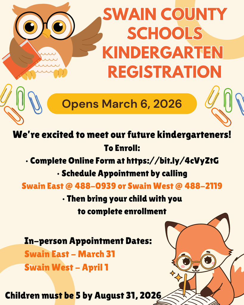 A cream-colored flyer with orange and black text featuring an illustrated owl wearing glasses and holding a book at the top, and a fox writing in a notebook at the bottom. The headline reads 'Swain County Schools Kindergarten Registration.