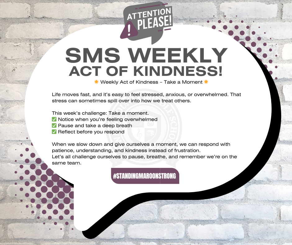 Speech bubble on brick wall with "SMS WEEKLY ACT OF KINDNESS!" and a kindness challenge.