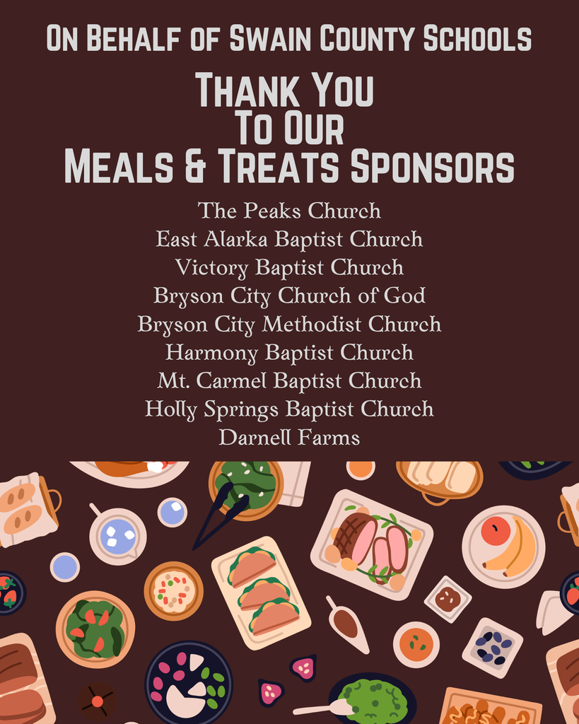 A thank-you graphic from Swain County Schools listing nine community sponsors for "Meals & Treats," set against a dark brown background with an illustrated food pattern at the bottom.