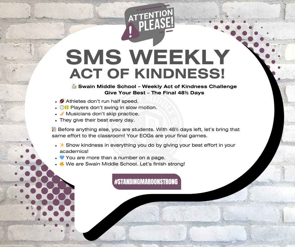 Speech bubble on brick wall with "SMS WEEKLY ACT OF KINDNESS!" and a kindness challenge.