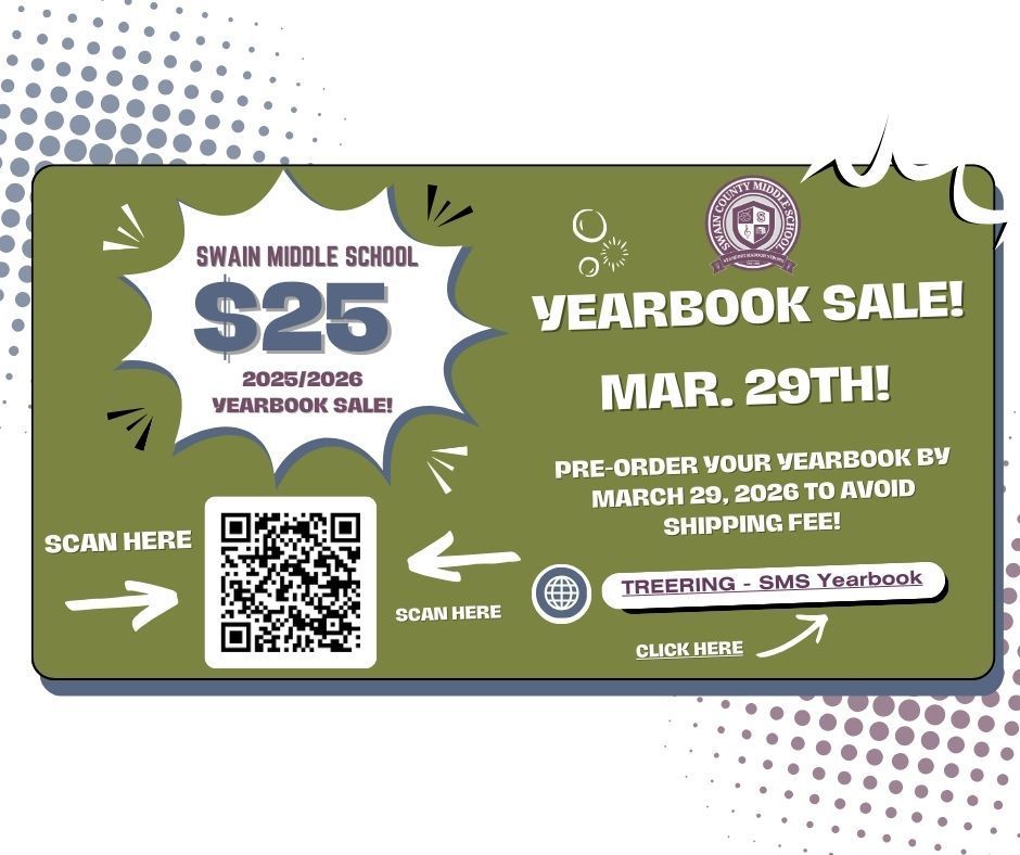 Yearbook sale flyer for Swain Middle School with a $25 offer