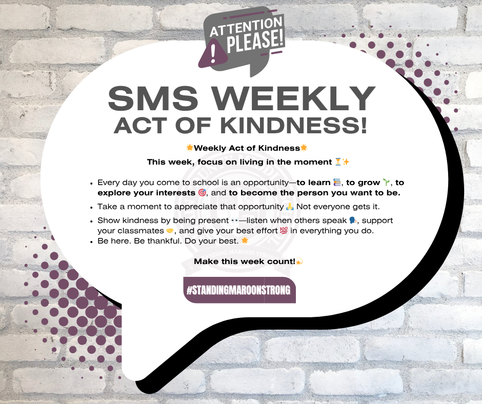 Speech bubble on brick wall with "SMS WEEKLY ACT OF KINDNESS!" and a kindness challenge.